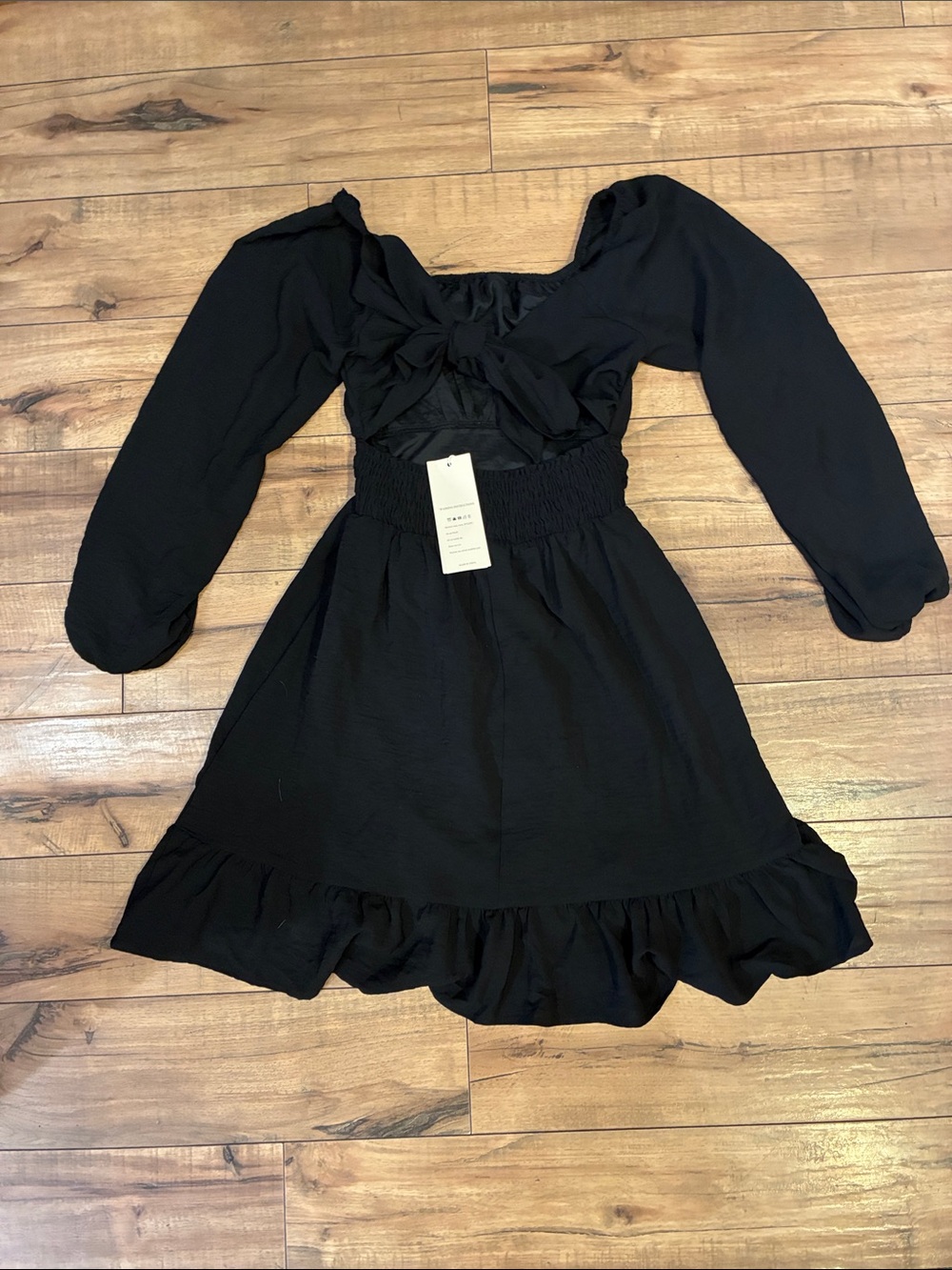 Black Long-Sleeve Smocked Waist Mini Dress